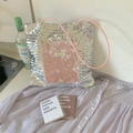 Detail of silver sequin tote bag with pink velvet pocket in a lifestyle setting - Large Capacity Shoulder Style / Silver Pink Patchwork With Velvet Pocket