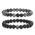 Detailed close-up of 8mm snowflake obsidian and lava stone beaded bracelet set - Two-Piece Set / Snowflake + Lava