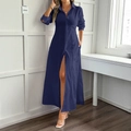 Robe chemise longue bleu marine à manches longues avec col et fente sur le devant - S / Bleu Marine