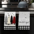 Christmas kitchen towels with festive tree patterns and Merry Christmas text on oven handle - Plaid Christmas Tree and Merry Christmas Style (MJBT66-56) / 2 Pieces/Pack (40*60cm) / Black White Plaid Border Grey White