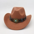 Detail of vintage brown cowboy hat with leather band and turquoise metal flower buckle - Khaki (Floral Leather Belt)