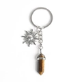 Tiger eye crystal pillar keychain with silver sun charm and metal ring pendant - Tiger's Eye