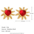 Detail of 18K gold-plated sunburst earrings with red heart-shaped agate gemstone - Red Agate Heart Sunburst Stud Earrings (Gold)