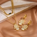 Golden Hamsa Hand layered necklace and earrings set with white shell inlay on stone - Necklace & Earrings Set (C612+G212)