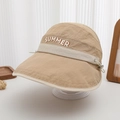 Detail of khaki sun hat with SUMMER embroidery and white contrast brim on stand - 52-54cm(3-6 Years) / Khaki