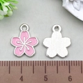 Pink enamel cherry blossom pendants in silver finish showing both sides and size - Dark Pink Cherry Blossom 12x15mm