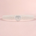 Detailed view of woven white pearl belt featuring a silver heart-shaped vintage buckle - 19300 Silver Heart Buckle