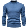 Close-up of a blue men's sweater featuring a mockup display with fine knitted texture - Mock Neck Fog Blue