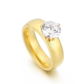 Minimalist golden titanium steel ring featuring a 6mm round zircon in a four-prong setting - US 7 / Gold