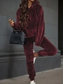 Close-up of wine red velvet hoodie texture and drawstring detail on casual tracksuit - S / Burgundy