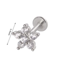 Silver flower internal thread piercing stud with 6.4mm bar and clear zircon stones - 6 Flowers