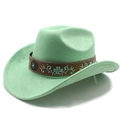 Detail of mint green suede cowboy hat with embroidered leather band and metal buckle - M (56-58cm) / Fluorescent Green