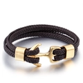 Men's dark brown multi-layer braided leather bracelet with golden metal anchor clasp - Gold Brown Braided Rope (KB86972-SJ)