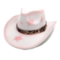 Close-up of white felt cowboy hat with pink star patterns and leopard print decorative band - M (56-58cm) / White