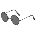Retro round metal frame kids sunglasses with dark lenses shown from a 45-degree angle view - Black Frame Grey Lens