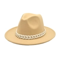 Detail view of khaki wool fedora hat featuring a chunky white acrylic chain decorative band - M (56-58cm) / Beige with White Chain