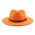Detail of orange woven straw Fedora hat with a brown leather band and metal buckle - M(56-58cm) / Orange