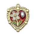 Golden heart pendant with red enamel, white flower and pearl inlay for DIY jewelry - Red Heart White Flower Leaf-22081
