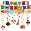 Colorful Day of the Dead banner with sugar skull and guitar hanging party decorations - Banner Garland And Swirls Set / 3-Pack