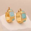 Irregular geometric stainless steel hoop earrings with cyan blue marble enamel - Blue