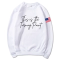 White unisex hoodie with black 'This is the Turning Point' print and American flag sleeve patch - White