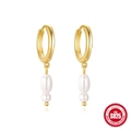 Elegant gold S925 sterling silver hoop earrings with white pearl pendants for women - Double Pearl Dangle Hoop / Gold