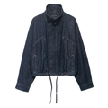 Dark blue short denim jacket with batwing sleeves, high collar, and drawstring hem - XS / Dark Blue