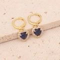 Detail of heart drop earrings with blue zircon and pavé crystals on stone base - Royal Blue Earrings