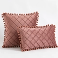 Pink velvet throw pillow set with diamond quilt pattern and pom-pom trim in two sizes - Auburn