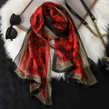 Elegant red chiffon scarf featuring vintage floral prints and leopard border accents - Red Floral Leopard