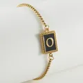18K gold plated stainless steel box chain bracelet featuring black enamel letter O charm - Letter O (ZH497G-O-02)