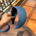 Blue denim headband with pink contrast stitching and non-slip lining for women - Blue Denim Wide Headband with Pink Trim