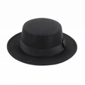 Detailed close-up of a classic black wool felt flat top boater hat with a satin ribbon - S / Black
