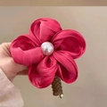 Elegant rose red silk flower hair scrunchie with a white pearl and brown hair claw - Magenta Flower Telephone Wire Hair Tie