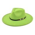 Detail of green wide brim wool fedora hat with black belt and golden metal buckle decor - M (56-58cm) / Fruit Green