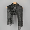 Elegant black metallic yarn scarf with fine tassels hanging on a wooden hanger - Black with Silver Wire