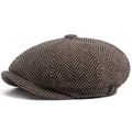 Classic brown herringbone newsboy cap with vintage wool texture and metal side buckle - Adjustable (55-59cm) / Khaki (Brown Herringbone)