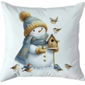 Housse de coussin de Noël bonhomme de neige doré avec oiseaux et décor hivernal - Style 11