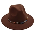 Detail of dark brown wool fedora hat featuring colorful beaded trim and floral wood accent - One Size / Coffee (Obsidian Decoration)