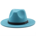 Detail of sky blue felt fedora hat featuring a black leather band and silver metal rivets - M (56-58cm) / Lake Blue