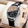Silver steel business watch with black leather strap and chronograph dial display - Black (Leather Strap Fake Chronograph)