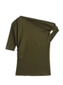 Detailed view of olive green asymmetric off-shoulder top with golden metal buckle decoration - Olive Green