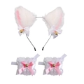 Detailed view of white cat ear headband and lace wristbands with pink bows and gold bells - White Pink Headband + Pair of Lace Wristbands