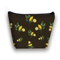 Neceser de tela marrón portátil con estampados de limones amarillos y hojas - Limón