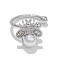 Detail view of silver bee ring with white pearl body and sparkling crystal wings - EGJ0010 Silver