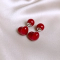 Detail of red heart stud earrings with silver pins on white elegant satin background - Glossy Heart (14#)