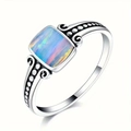 Bohemian silver ring with square blue opal and vintage scroll engraved patterns - US 6 / Colorful
