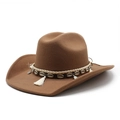 Chapeau de cowboy vintage en feutre marron avec bord large, coquillages et glands - M (56-58cm) / Kaki