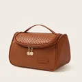 Curved woven PU leather toiletry bag with handle in vintage caramel brown finish - Curved Bag / Caramel Brown