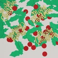 Détail de lettrage Merry Christmas pailleté avec feuilles de houx et confettis rouges - Feuilles de Baies + Merry Christmas Pailleté Or
